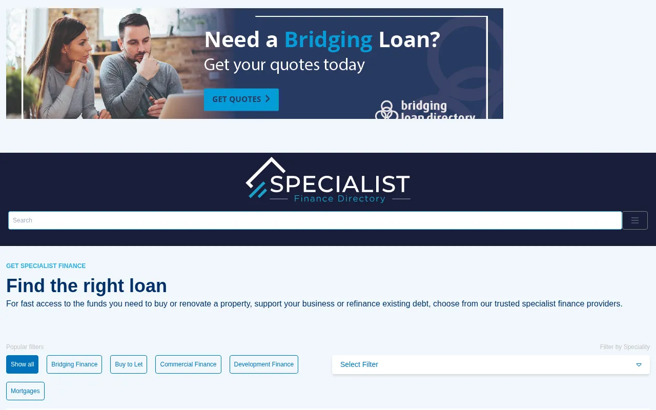 Specialist Finance Directory homepage