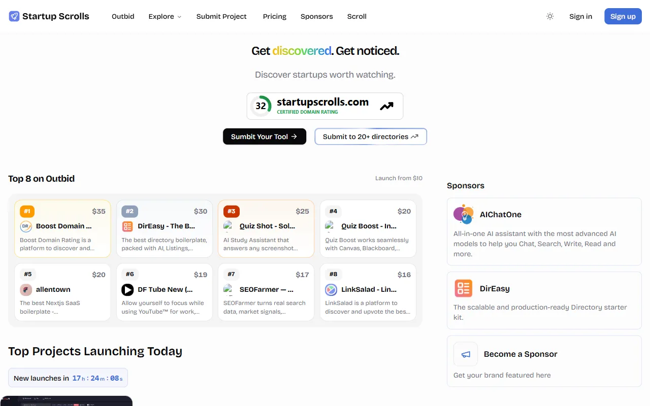 Startup Scrolls homepage